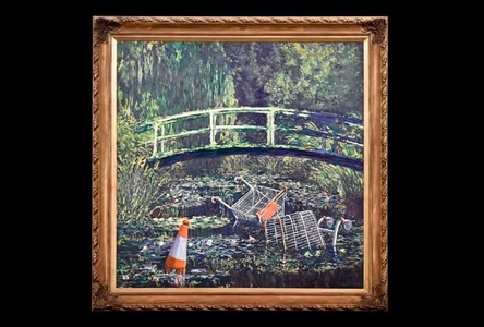 Un tablou al lui Banksy omagiu adus lui Claude Monet, estimat la cel mult 5 milioane de lire sterline, scos la licitaţie