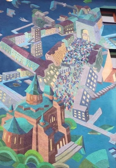 Catedrala Mitropolitană din Timişoara, înfăţişată fără crucile de pe turle, într-o pictură murală realizată cu girul Asociaţiei Timişoara Capitală Culturală Europeană/ Mai mulţi timişoreni s-au revoltat 