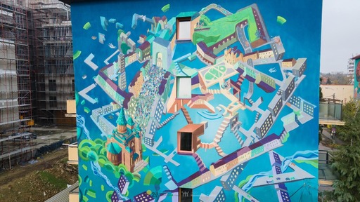Pictura murală din Timişoara reprezentând Catedrala Metropolitană a fost completată cu crucile de pe turle - FOTO
