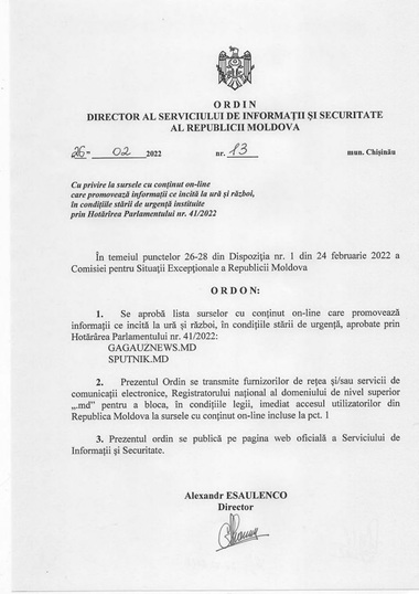 Portalurile www.sputnik.md şi www.gagauznews.md au fost blocate, potrivit Serviciului de Informaţii şi Securitate din Republica Moldova