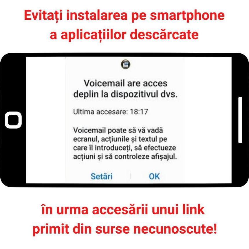 Directoratul Naţional de Securitate Cibernetică: În cadrul campaniei cu sms-uri capcană, unii utilizatori au descărcat şi instalat o aplicaţie maliţioasă pentru Android, denumită Voicemail / Recomandări pentru remedierea situaţiei 