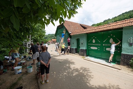 Peste 400 de voluntari au renovat faţadele a 30 de clădiri dintr-un sat din Timiş / Şcoala, zugrăvită de angajaţi ai Consiliului Judeţean / Grădiniţa, pictată de elevi de la Liceul de Arte din Timişoara  - FOTO