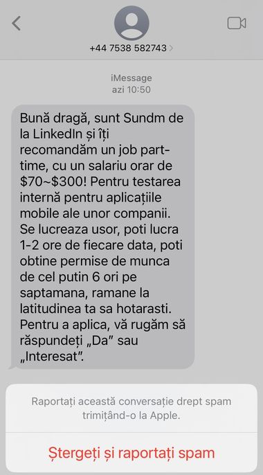  Avertisment al specialiştilor: Atenţie la propunerile primite prin intermediul aplicaţiilor de mesagerie sau sms, care vă prezintă oportunităţi de angajare sau de investiţii ce promit câştiguri rapide