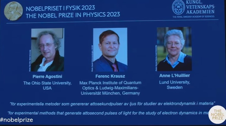 Premiul Nobel pentru Fizică a fost atribuit lui Pierre Agostini, Ferenc Krausz şi Anne L'Huillier "pentru metodele experimentale care generează impulsuri de lumină de attosecunde pentru studiul dinamicii electronilor în materie"