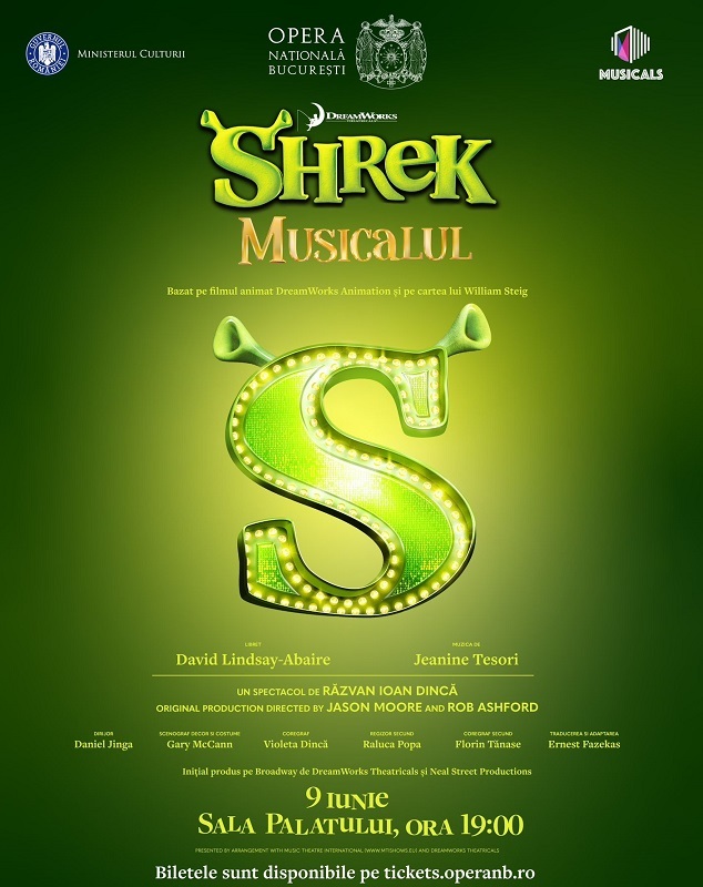 "Shrek, Musicalul", o nouă producţie semnată de creatorii spectacolelor "Fantoma de la Operă", "Mamma Mia" şi "My Fair Lady", are premiera la Sala Palatului