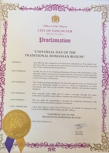 Primăria din Vancouver a recunoscut oficial Ziua Universală a Bluzei Tradiţionale Româneşti