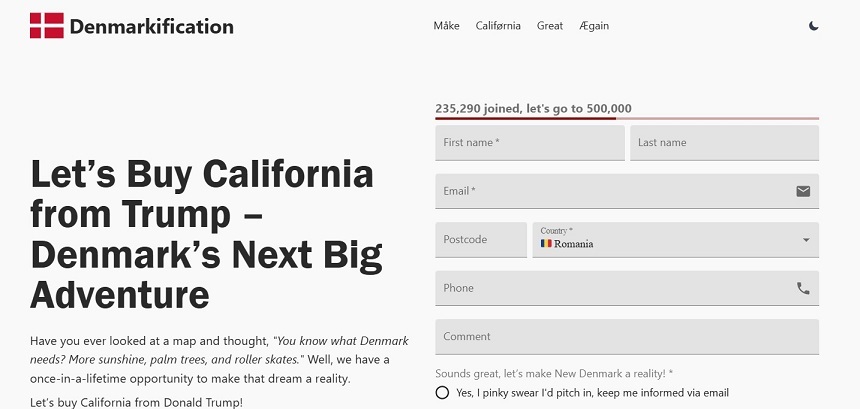 O petiţie daneză pentru cumpărarea Californiei a atras sute de mii de semnături