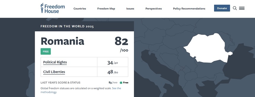 Freedom House - Nou declin al libertăţilor la nivel mondial.  În România, "libertăţile civile sunt, în general, respectate, dar sunt supuse unei presiuni din ce în ce mai mari"