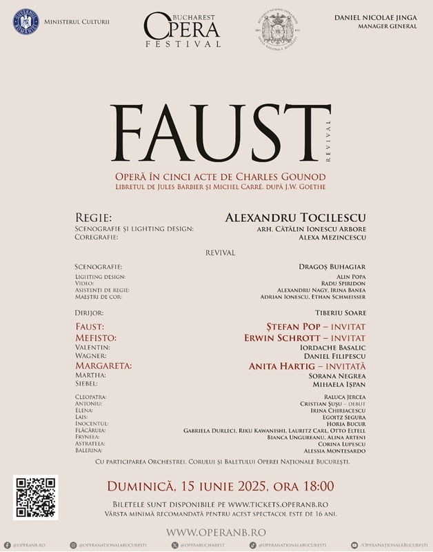 Anita Hartig, Ştefan Pop şi Erwin Schrott, în distribuţia „Faust” de Gounod, deschid Bucharest Opera Festival 2025