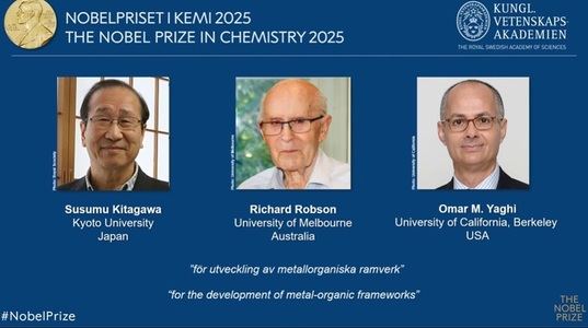Premiul Nobel pentru Chimie pe 2025 a fost acordat cercetătorilor Susumu Kitagawa, Richard Robson şi Omar M. Yaghi „pentru dezvoltarea structurilor metal-organice”/ VIDEO