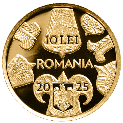 Monedă din aur cu tema „Istoria aurului - Plăcuţele votive de la Germisara”, lansată de Banca Naţională a României