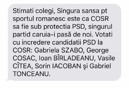 Mesajul trimis membrilor COSR în numele echipei lui Szabo: Singura şansă a sportului românesc este ca COSR să fie sub protecţia PSD, singurul partid căruia-i pasă de noi