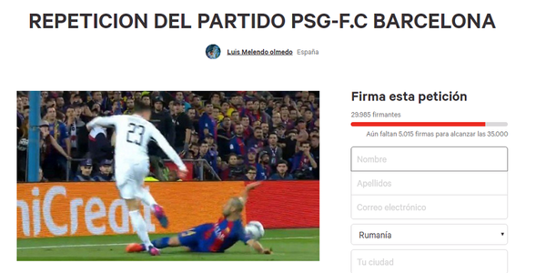 Petiţie cu aproape 30.000 de semnături pentru repetarea meciului FC Barcelona - Paris Saint-Germain