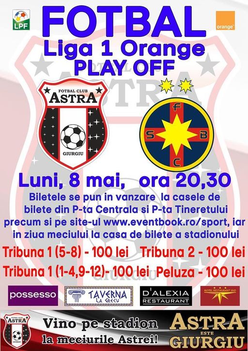 Un bilet la meciul Astra – FCSB costă 100 de lei. La partida Astra - CFR Cluj a fost între 5 şi 20 de lei