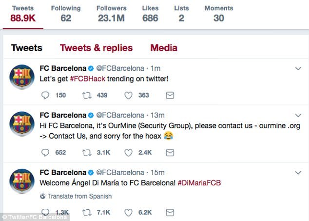 Contul de Twitter al FC Barcelona a fost spart şi hackerii au anunţat transefrul lui Angel Di Maria de la PSG