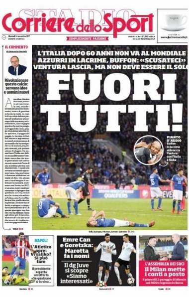 Presa italiană, categorică după eliminarea naţionalei: "Afară, toţi!"