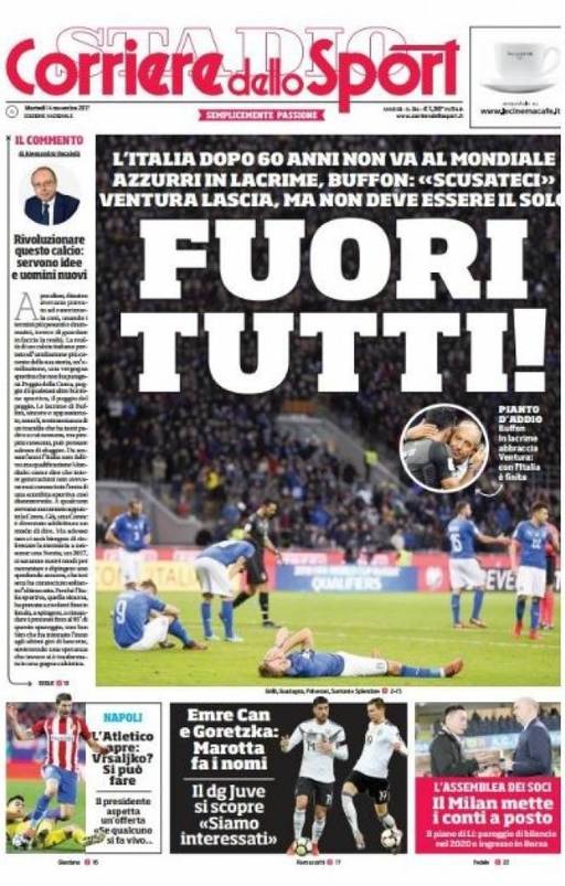Presa italiană, categorică după eliminarea naţionalei: "Afară, toţi!"
