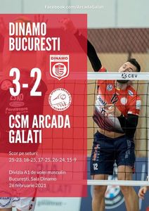 Campioana la volei masculin, Arcada Galaţi, a doua înfrângere a sezonului, 2-3 cu Dinamo Bucureşti