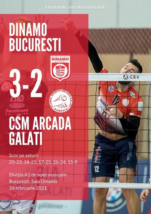 Campioana la volei masculin, Arcada Galaţi, a doua înfrângere a sezonului, 2-3 cu Dinamo Bucureşti