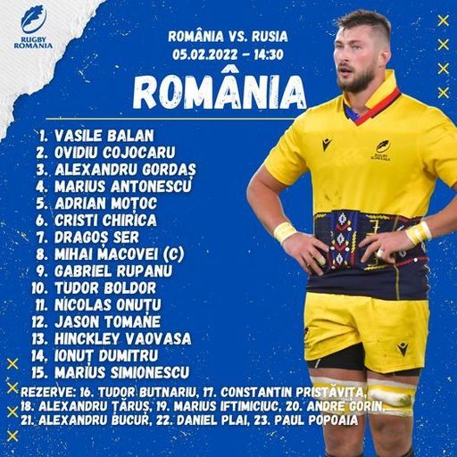 Naţionala de rugby debutează cu Rusia, în ediţia 2022 a Rugby Europe Championship. Echipa "stejarilor" pentru acest meci