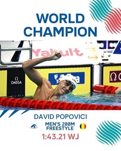 UPDATE: Performanţă excepţională pentru David Popovici: Campion mondial la 200 metri liber. Primul înotător din România care reuşeste această performanţă la masculin