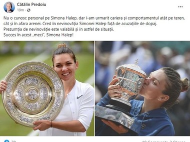 Ministrul Justiţiei, Cătălin Predoiu: Cred în nevinovăţia Simonei Halep faţă de acuzaţiile de dopaj. Prezumţia de nevinovăţie este valabilă şi în astfel de situaţii