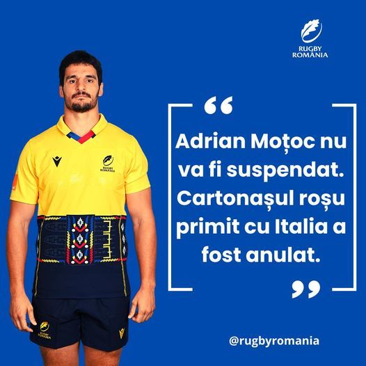 Rugby: Eliminat la meciul test cu Italia, Adrian Moţoc nu va fi suspendat. El poate evolua în meciul cu Irlanda de la Cupa Mondială