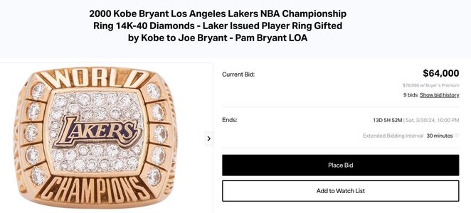 Controverse în SUA, după ce părinţii lui Kobe Bryant au scos la licitaţie un inel de campion al fostului baschetbalist