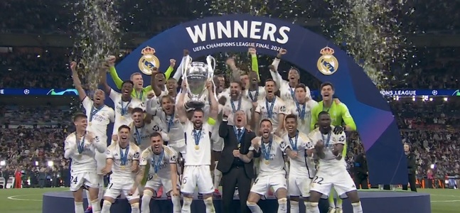 UPDATE - Real Madrid este din nou regina Europei. Madrilenii au învins cu 2-0 Borussia Dortmund în finala Ligii Campionilor şi au câştigat pentru a 15-a oară trofeul / Bellingham: Cea mai frumoasă seară a vieţii mele / Ancelotti – "Visul continuă!" / Mesa