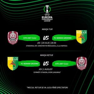 Conference League - turul doi preliminar: CFR Cluj va juca meciul retur cu echipa Neman Grodno din Belarus în Ungaria