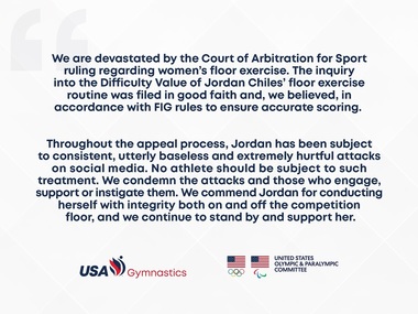 USA Gymnastics şi Comitetul Olimpic SUA: Suntem devastaţi de hotărârea TAS! Jordan Chiles a fost supusă atacurilor în social-media!