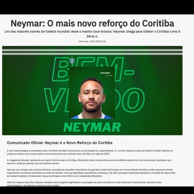 Brazilia: Suporterii echipei Coritiba au crezut, timp de o oră, că Neymar va semna. Însă ei au fost păcăliţi de un hacker care a spart site-ul clubului