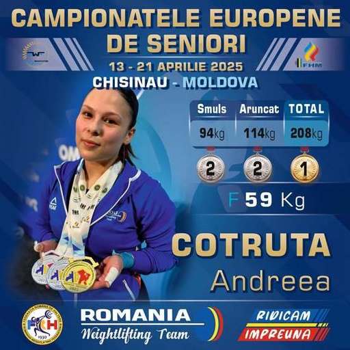 Andreea Cotruta, campioană europeană la 59 kilograme. Ea a obţinut argintul la smuls şi aruncat