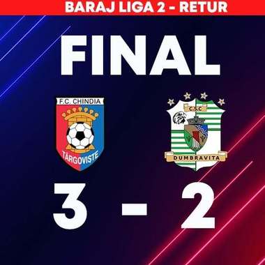 Chindia Târgovişte a fost condusă cu 2-0, dar a revenit şi s-a impus cu 3-2 în meciul cu CSC Dumbrăviţa şi astfel rămâne în Liga II