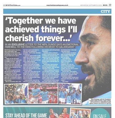 Fotbal: Ilkay Gundogan a cumpărat o reclamă pe o pagină întreagă în ziarul Manchester Evening News pentru a le mulţumi fanilor lui City