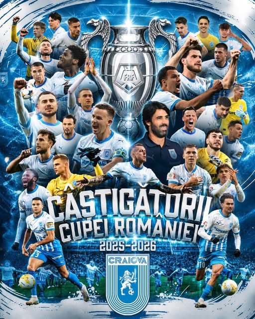 Jucătorii Universităţii Craiova au primit Cupa României de la preşedintele FRF, Răzvan Burleanu
