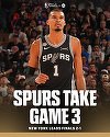 San Antonio Spurs a învins New York Knicks, scor 115-111, în meciul 3 al finalei NBA. Knicks conduce la general, scor 2-1