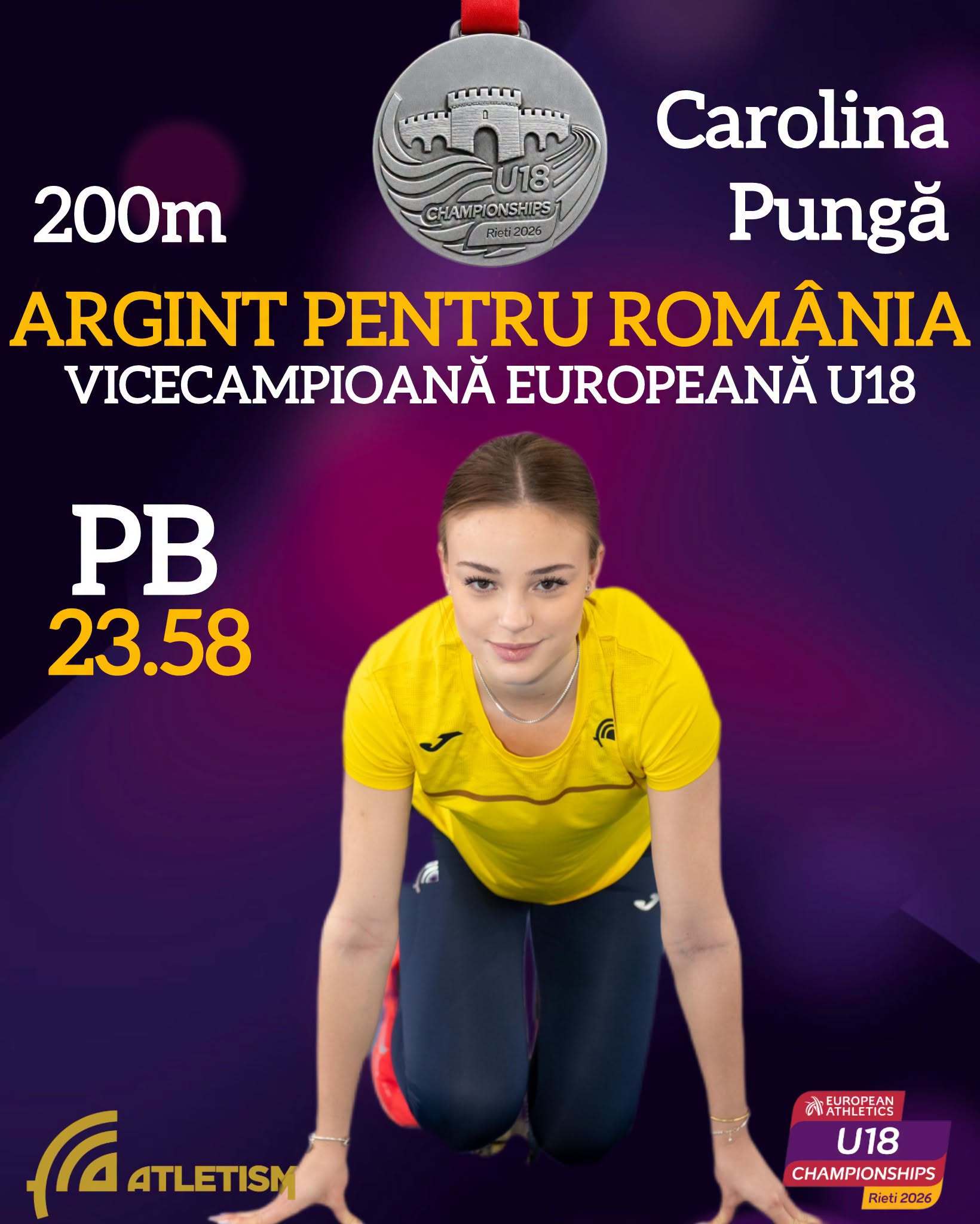 Atletism: Carolina Pungă, vicecampioană europeană de junioare la doar 15 ani