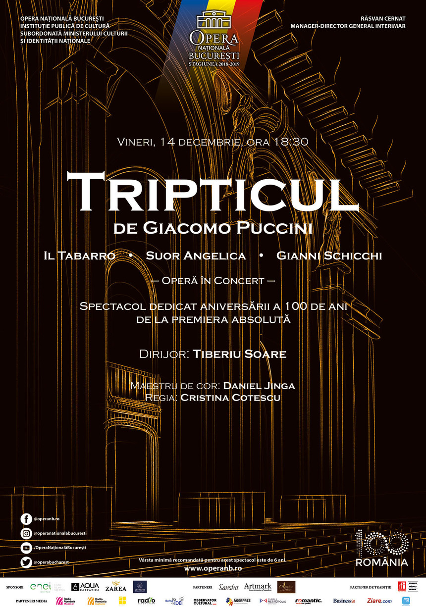 COMUNICAT DE PRESĂ: „Tripticul” lui Puccini, spectacol dedicat aniversării a 100 de ani de la premiera absolută pe scena Operei Naţionale Bucureşti