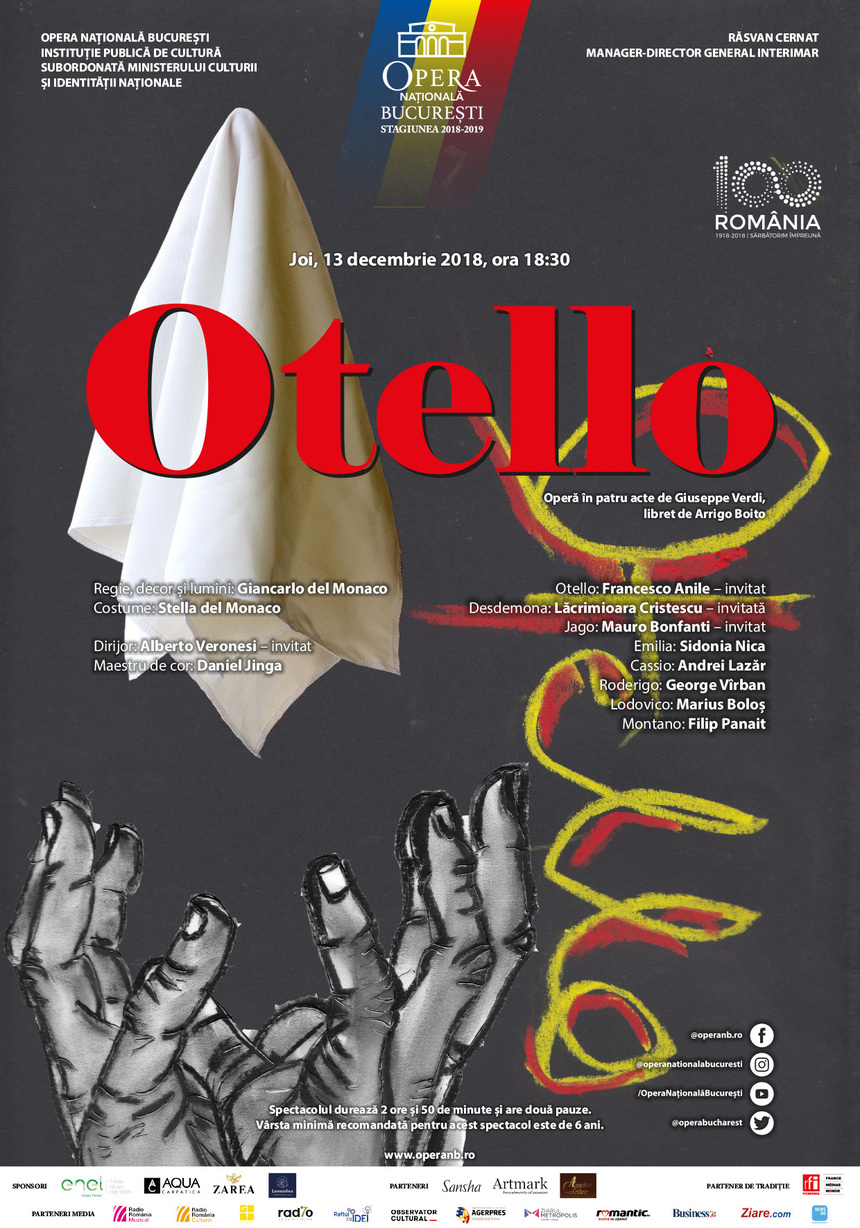 COMUNICAT DE PRESĂ: Francesco Anile, Lăcrimioara Cristescu şi Mauro Bonfanti, invitaţi în „Otello” de pe scena Operei Naţionale Bucureşti