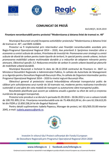 Regio: Finanţare nerambursabilă pentru proiectul “Modernizarea şi dotarea liniei de tramvai nr. 40“