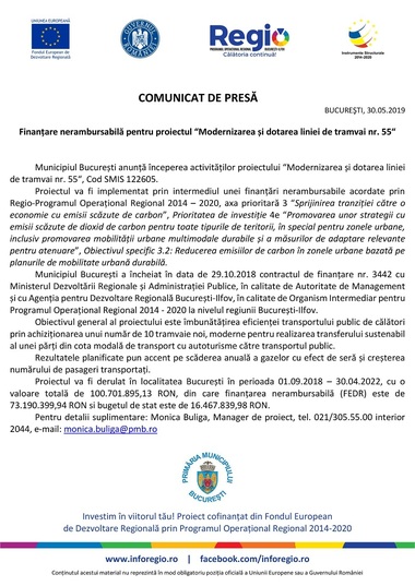 Regio: Finanţare nerambursabilă pentru proiectul “Modernizarea şi dotarea liniei de tramvai nr. 55“