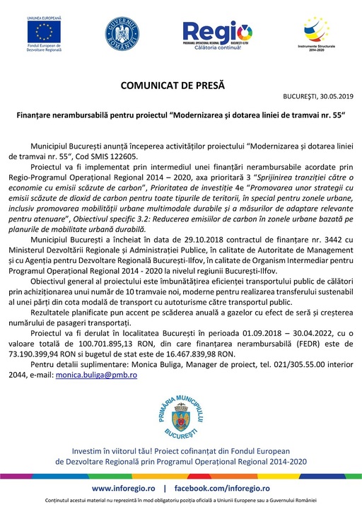 Regio: Finanţare nerambursabilă pentru proiectul “Modernizarea şi dotarea liniei de tramvai nr. 55“