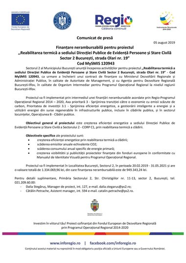 COMUNICAT DE PRESĂ: Finanţare nerambursabilă pentru proiectul ”Reabilitarea termică a sediului Direcţiei Publice de Evidenţă Persoane şi Stare Civilă Sector 2 Bucureşti, strada Olari nr. 19”   Cod MySMIS 120943
