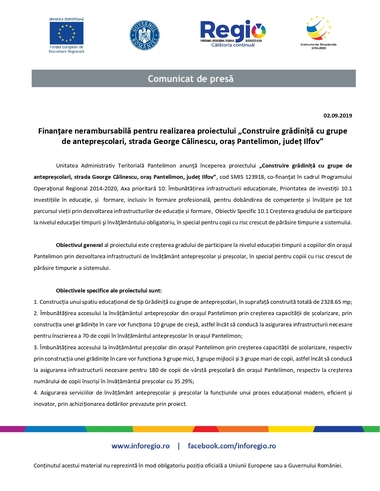 COMUNICAT DE PRESĂ: Finanţare nerambursabilă pentru realizarea proiectului „Construire grădiniţă cu grupe de antepreşcolari, strada George Călinescu, oraş Pantelimon, judeţ Ilfov”