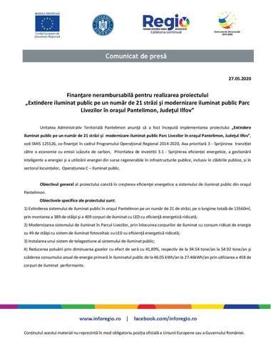 Finanţare nerambursabilă pentru realizarea proiectului „Extindere iluminat public pe un număr de 21 străzi şi modernizare iluminat public Parc Livezilor în oraşul Pantelimon, Judeţul Ilfov”
