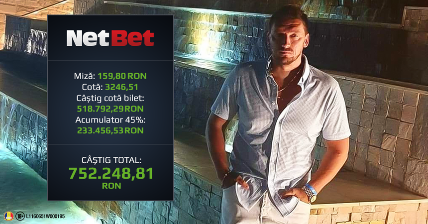 COMUNICAT DE PRESĂ: Câştig spectaculos la pariuri pe NetBet: 750.000 cu o miză de doar 160 lei