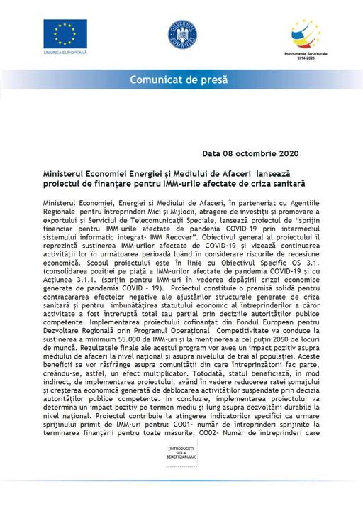 Ministerul Economiei Energiei şi Mediului de Afaceri  lansează  proiectul de finanţare pentru IMM-urile afectate de criza sanitară