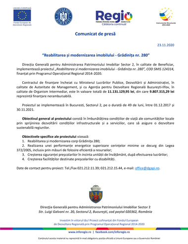 COMUNICAT DE PRESĂ: Reabilitarea şi modernizarea imobilului ”Grădiniţa nr. 280”