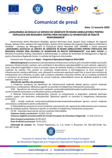 COMUNICAT DE PRESĂ: „Asigurarea accesului la servicii de sănătate în regim ambulatoriu pentru populaţia din Regiunea Centru prin dotarea cu aparatură de înaltă performanţă